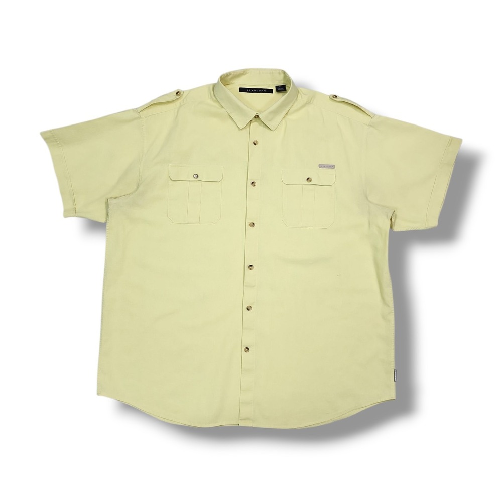 Sean John Linen Cotton Blend Button Up Short Sleeve Yellow Shirt Men's 3XLT